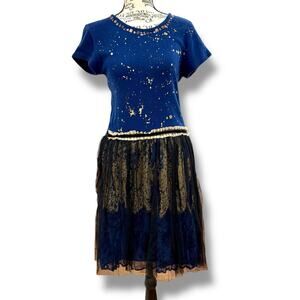 Derhy Size S Blue Wool Beaded Metallic Accents Organza Skirt Dress Artsy Fairy